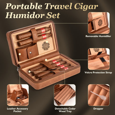 Leather Cedar Wood Cigar Case-Walnut