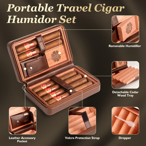Leather Cedar Wood Cigar Case-Dark Brown