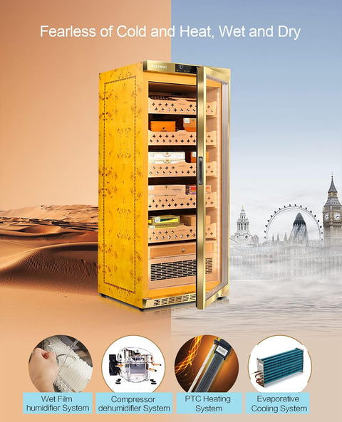 Marvero Raching MON1800A gold electric cigar humidor with cedar trays