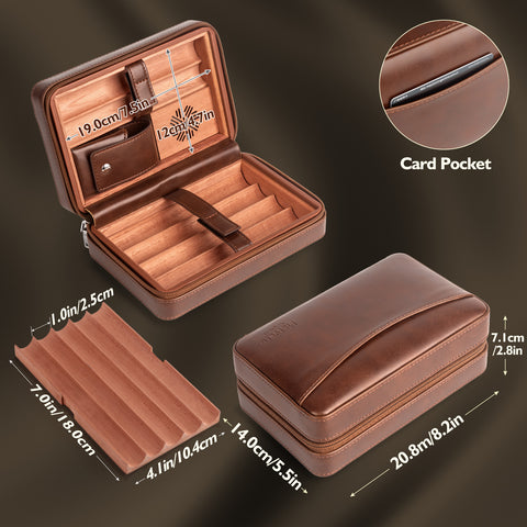 Leather Cedar Wood Cigar Case-Dark Brown