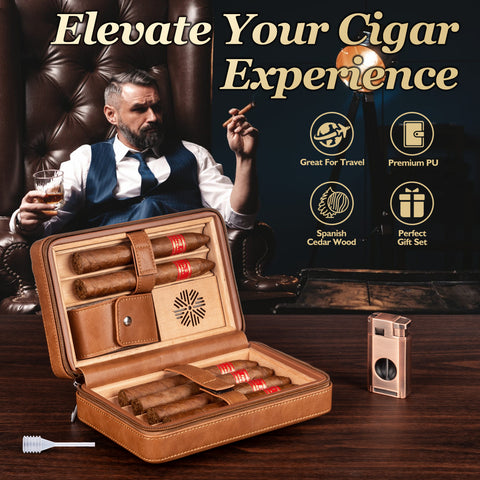 Leather Cedar Wood Cigar Case-Walnut