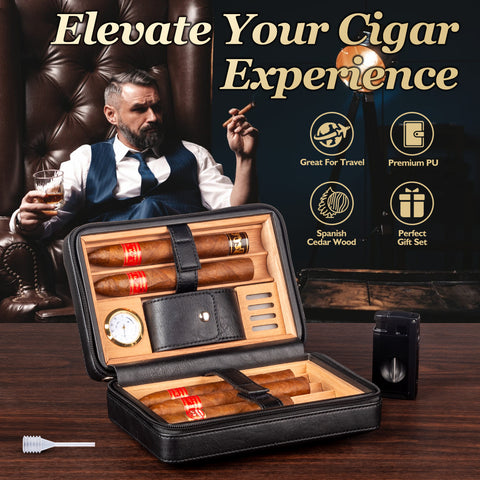 Leather Cedar Wood Cigar Case-Black