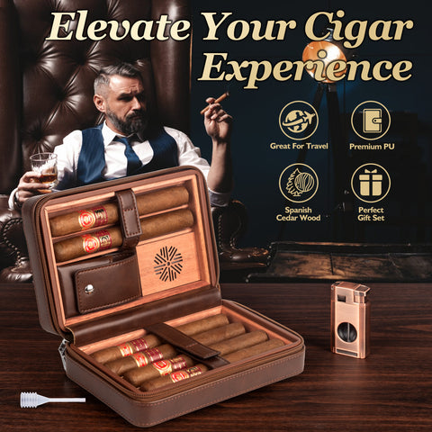 Leather Cedar Wood Cigar Case-Dark Brown